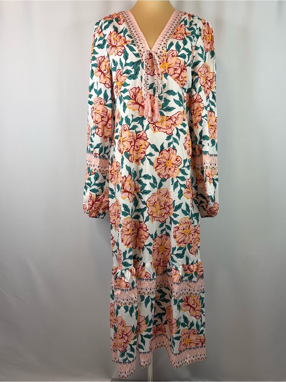 SunnySpirit Peach Floral Tassel Tie Tiered Maxi Dress NWT Size L